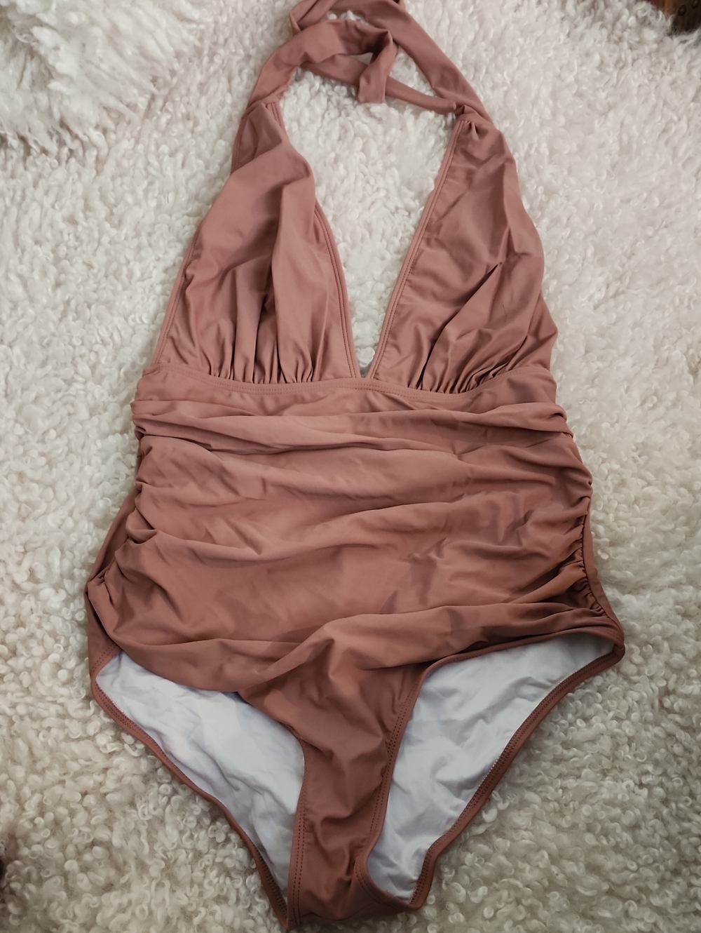 Mauve/Dusty Rose Halter One-Piece Swimsuit.  Ruched Sides. Size L